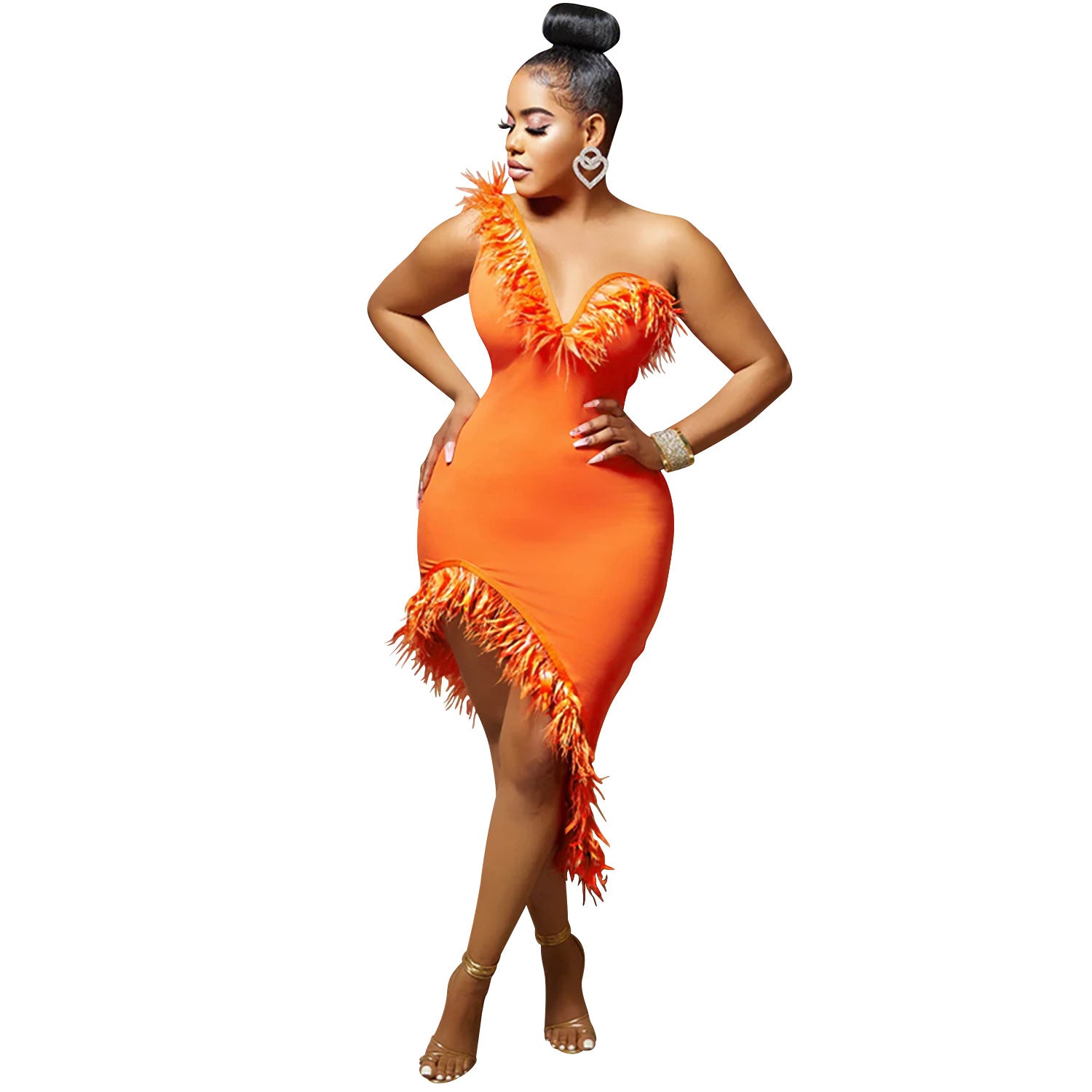 Solid color V-neck sleeveless feather irregular skirt dress 14