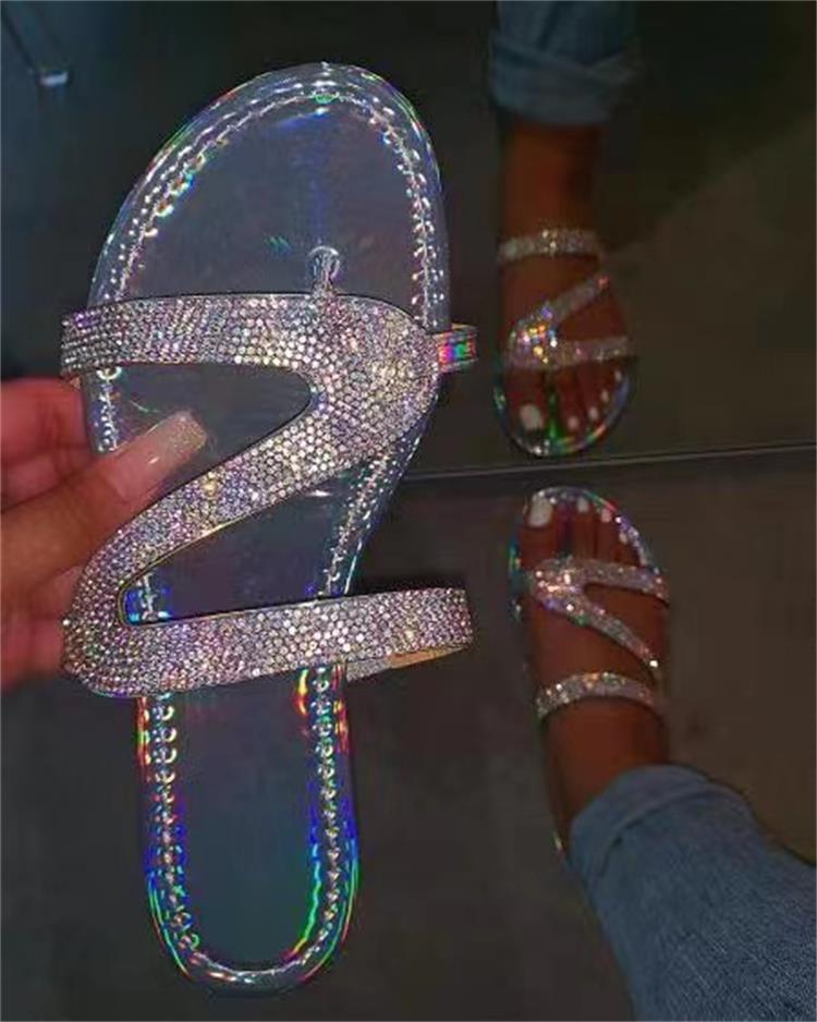 Plus Size Flat Sandal Flip flops Z-line Rhinestone Clip Toe Casual Outdoor Wear Beach Women's Shoe 11