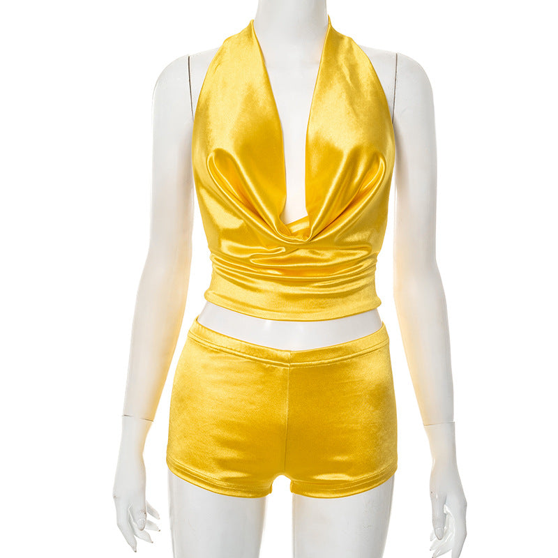 Women Sexy Halter Neck Swinging Neck Tie-Up Top Shorts Two-Piece Set 12