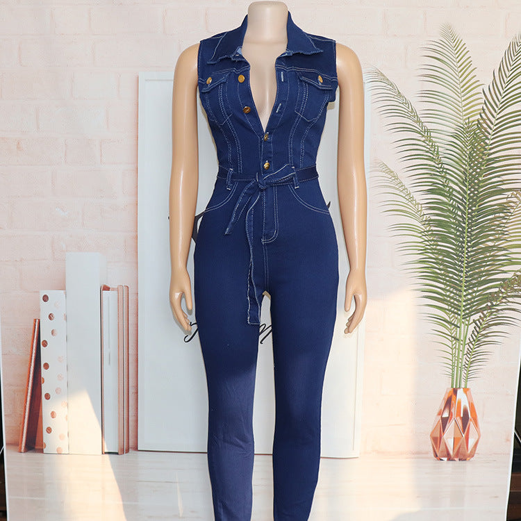 African Women Sexy Sleeveless Lace-up Stretch Casual Denim Jumpsuit 7