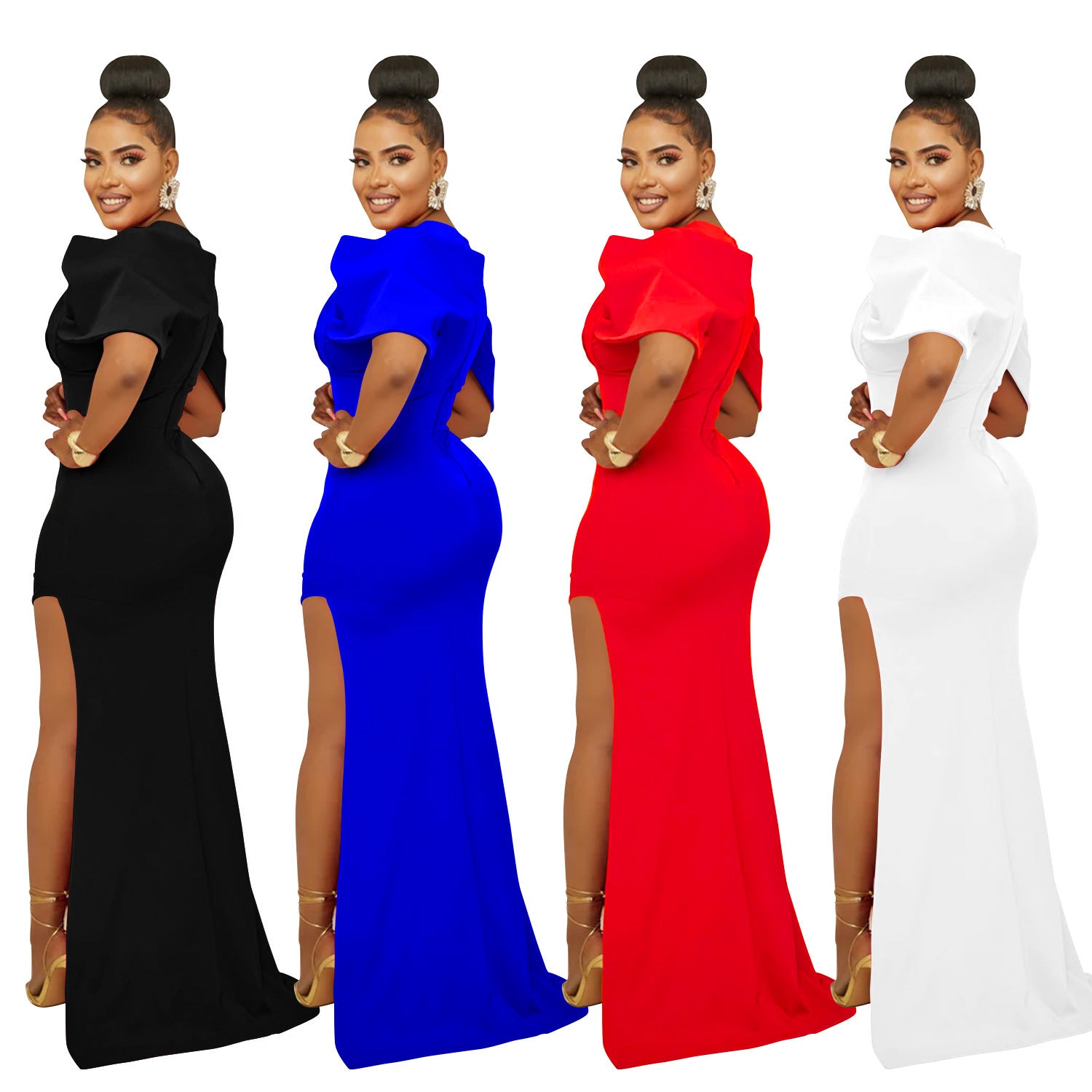 Women's Fashion Solid Color V-Neck Pleated Slit Maxi Dress 9