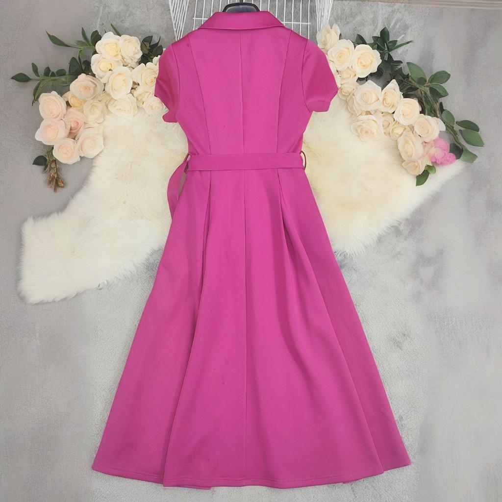 Summer Chic Short-Sleeve Turndown Collar Career Midi Dress 4