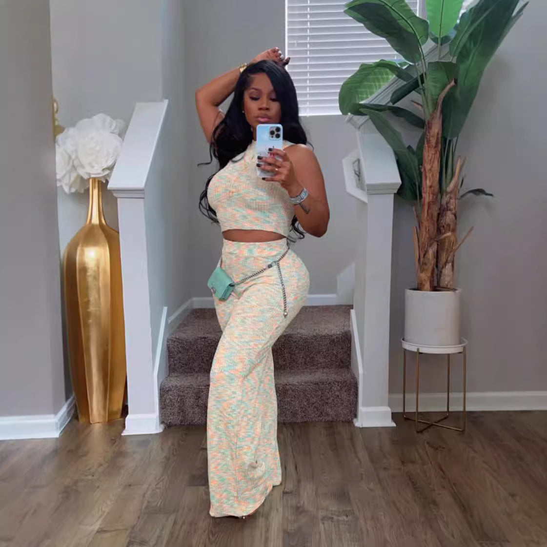 Women's Summer Sleeveless Printed Wide-Leg Two-Piece Trousers Set 7