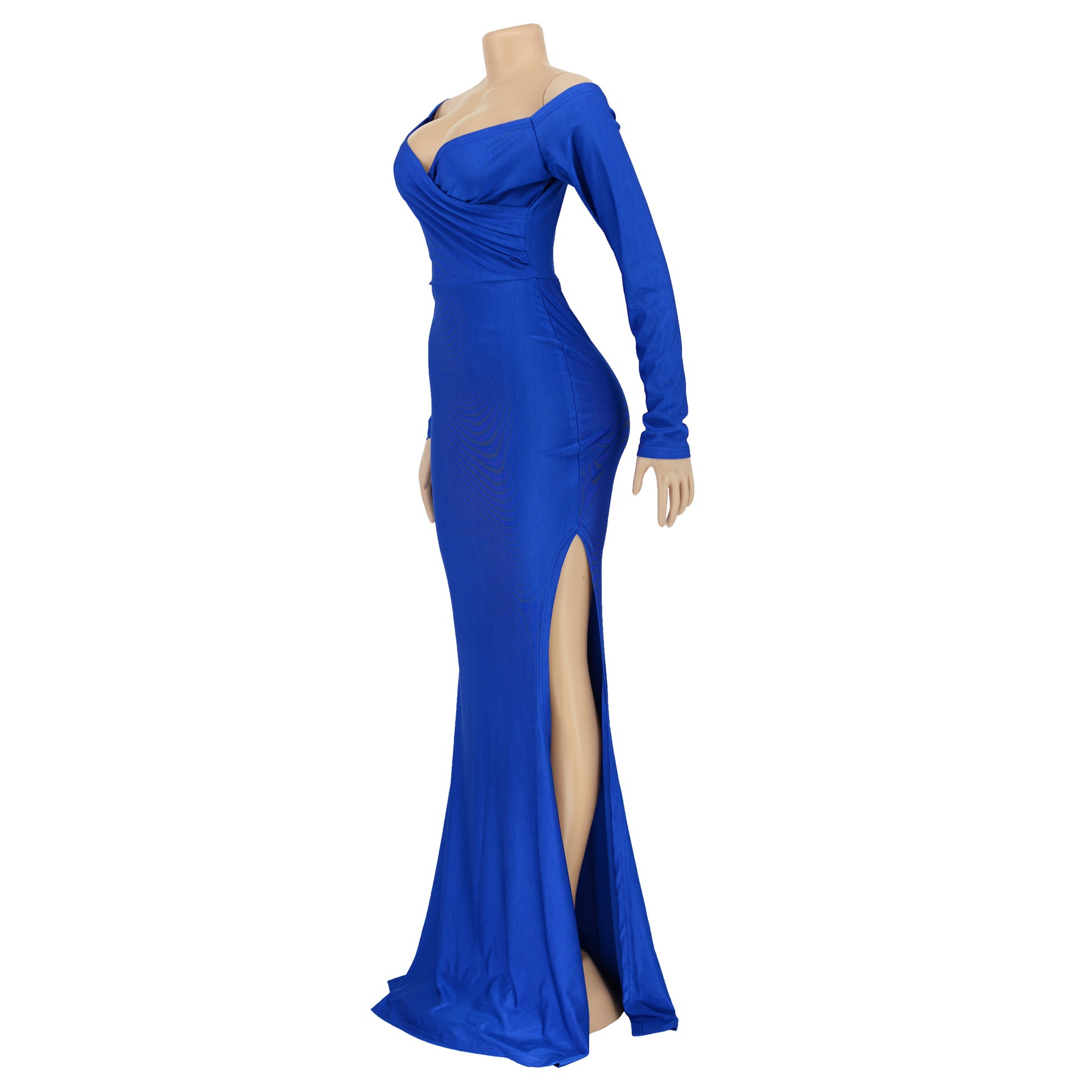 Women Sexy V-Neck Dress Solid Slit Long Sleeve Maxi Dress 29