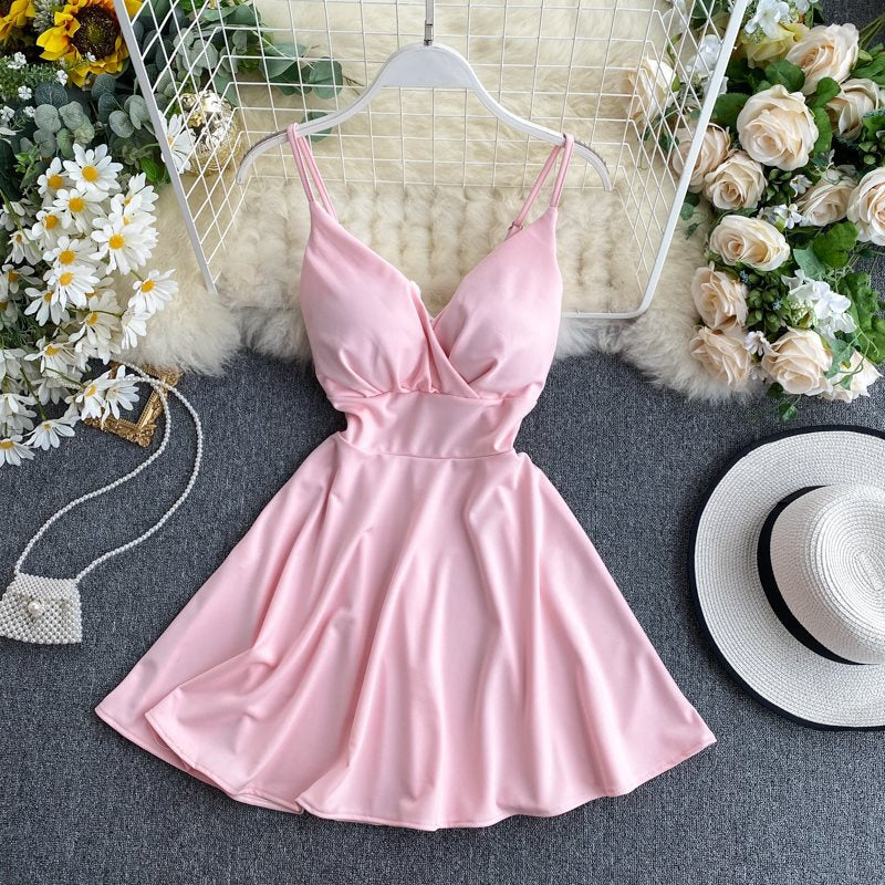 Spring Feminine V-Neck Low Back Slim Waist High Waist Slim Fit Solid Color Straps Basic A-Line Dress 12