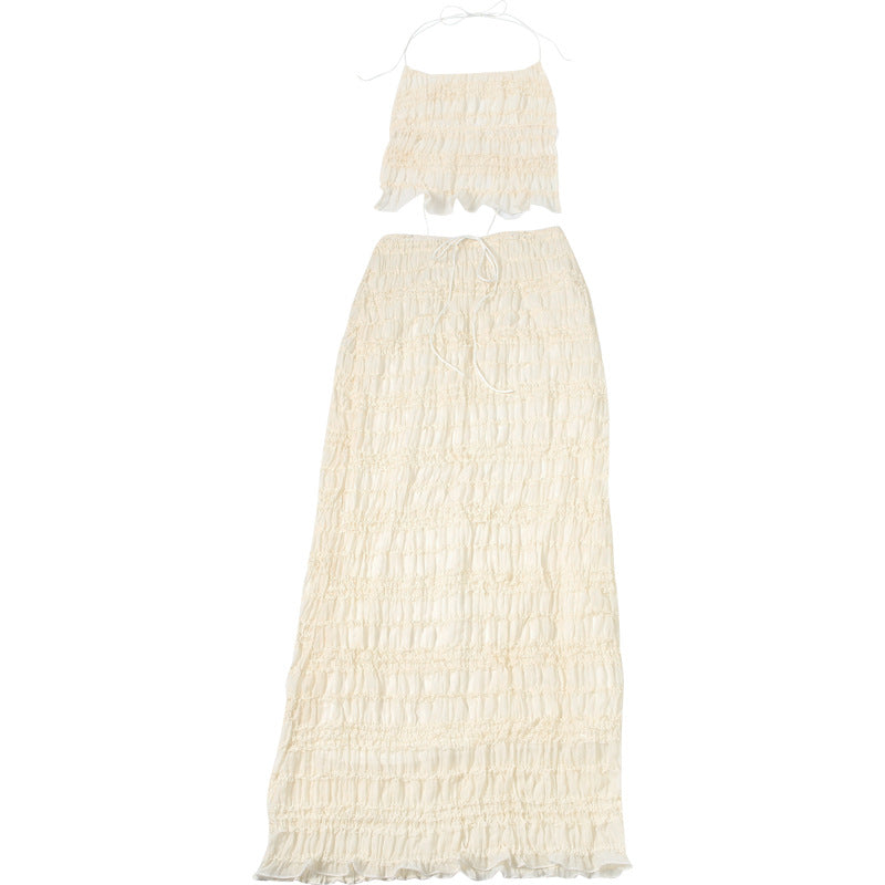 Spring Halter Neck Low Back Vest Pleated Chiffon Sexy Long Skirt Two Piece Set 12