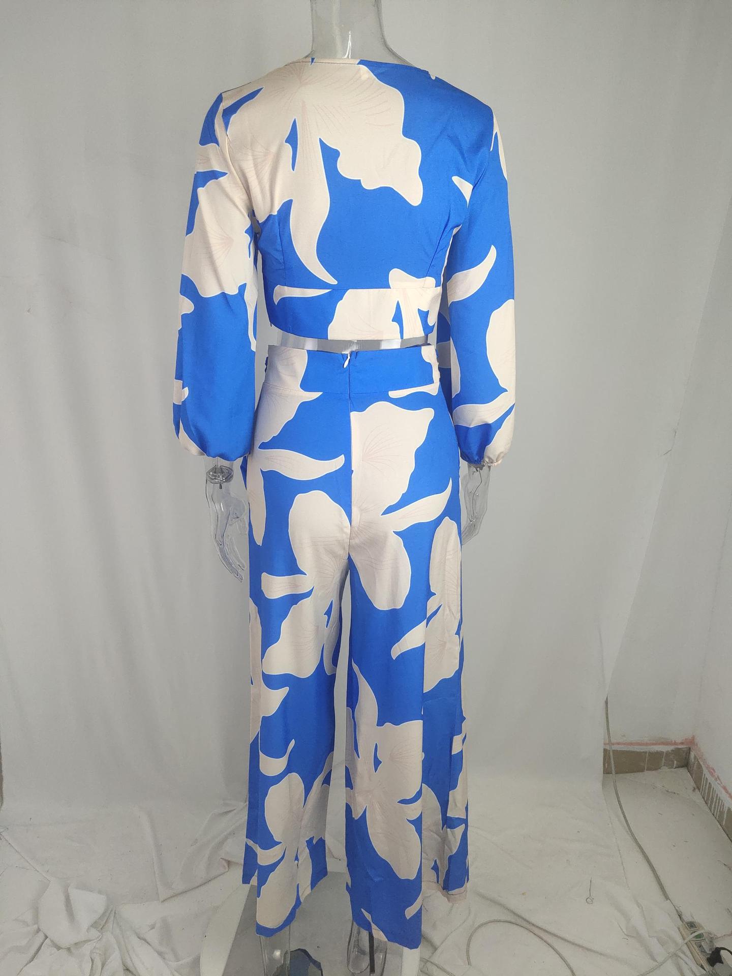 Women v-neck lantern sleeve short top and wide-leg pants two-piece set 24