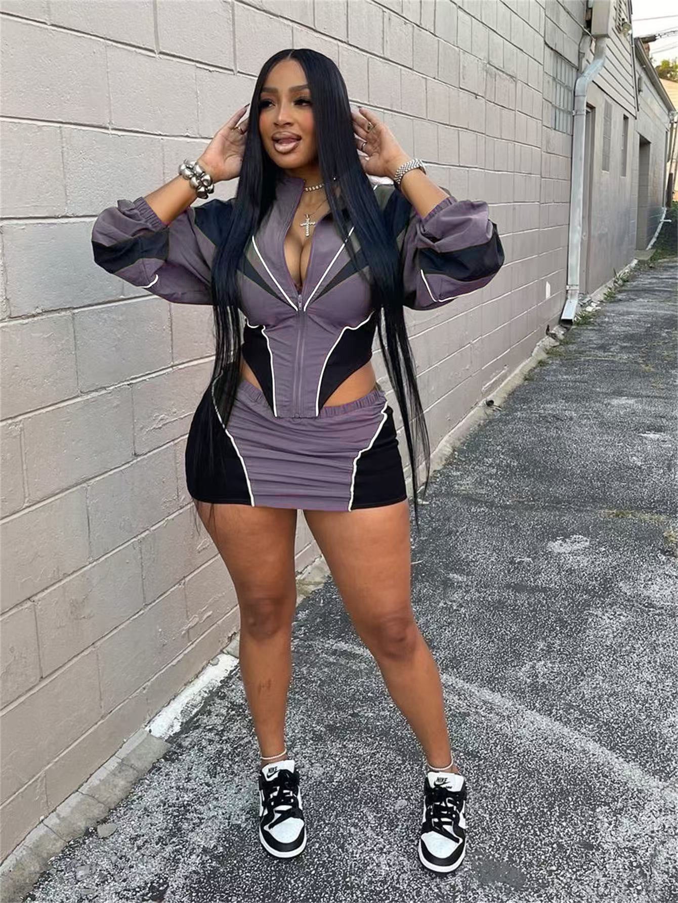 Autumn Sexy Sports Style Loose Casual Contrast Color Long Sleeve Jacket Short Skirt Women Two Piece Set 14