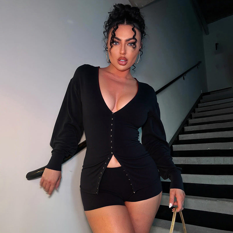 Women's Autumn Winter Round Neck Buttons Slim Waist Long Sleeve Top Shorts Set 4