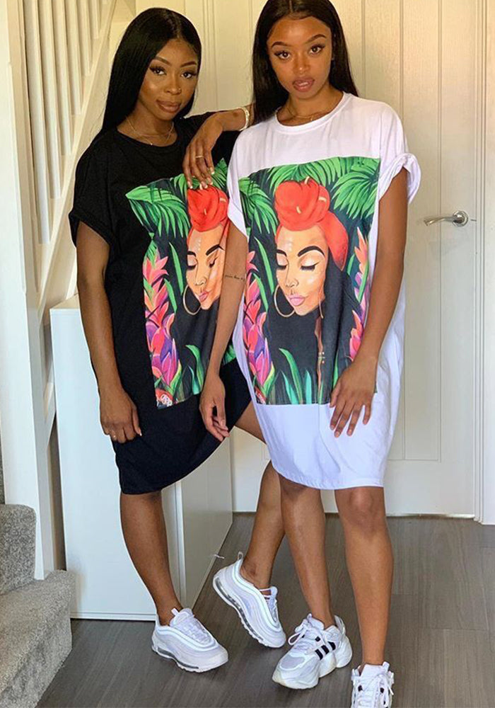 Women Print Casual Loose T-Shirt Dress