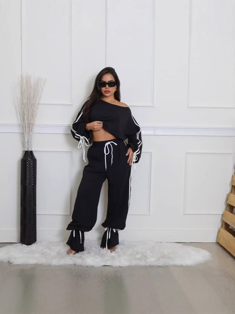 Autumn Casual Women's Solid Color Loose Webbing-Trimmed Two-Piece Pants Set 5