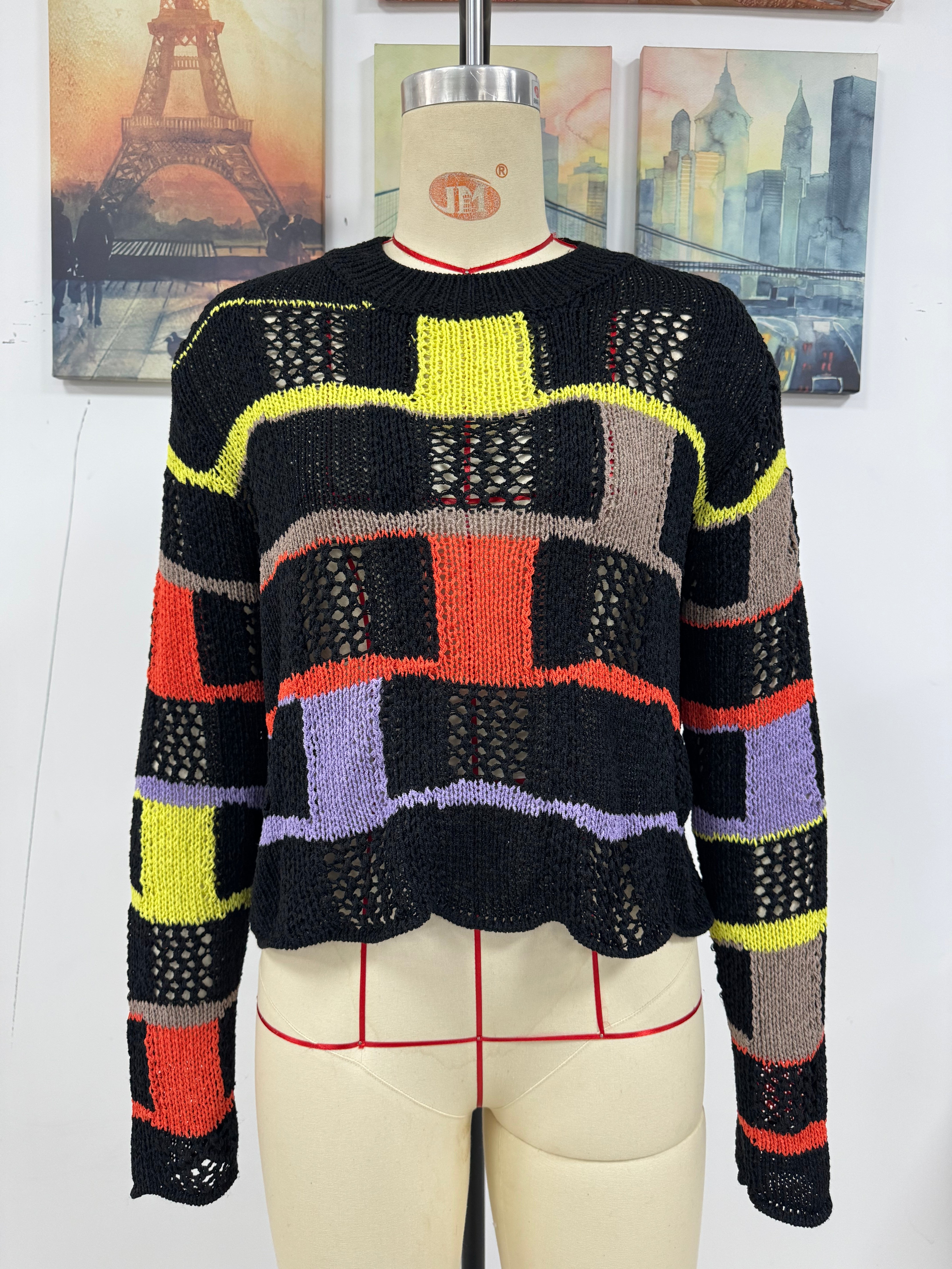 Plus Size Women Round Neck Color Block Knitting Loose Long Sleeve Sweater 6