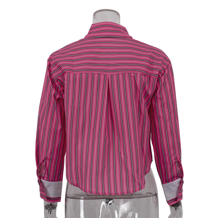Women French striped turndown collar long sleeve crop top shirt 6