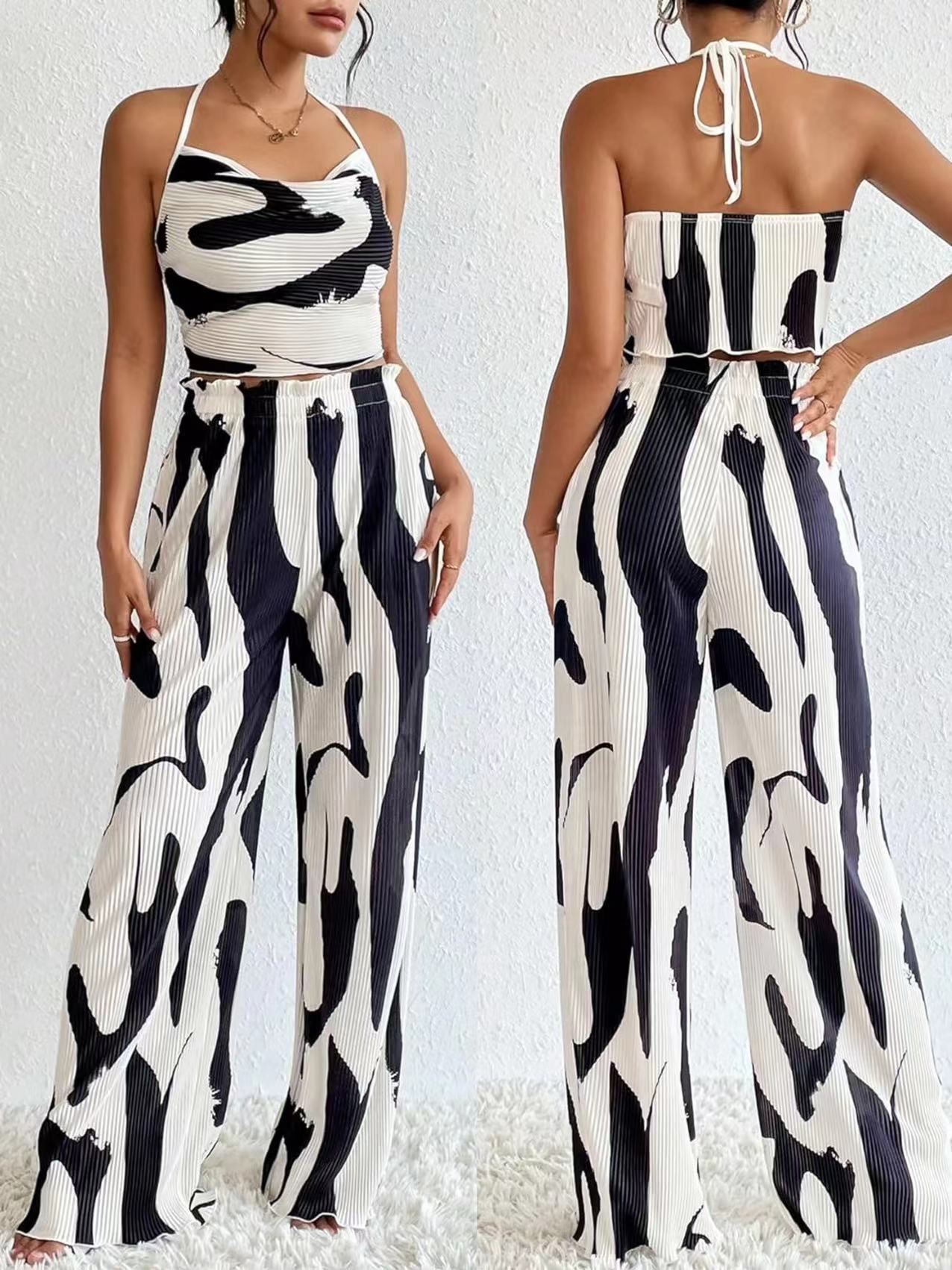 Women Summer Printed Halter Neck Wide Leg Pants Casual Two-piece Set