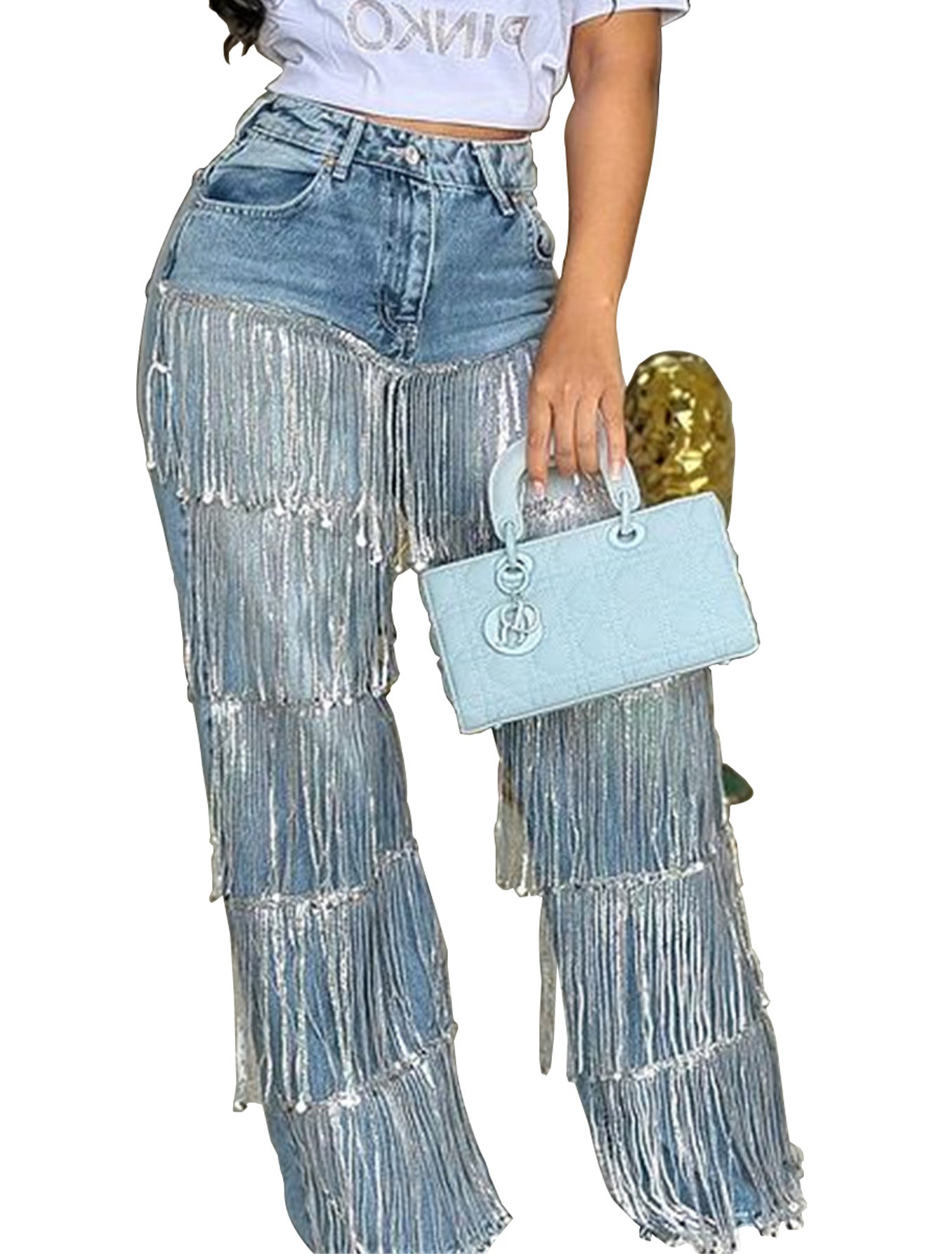 Autumn and Winter Women's Tassel Loose Straight Denim Trousers