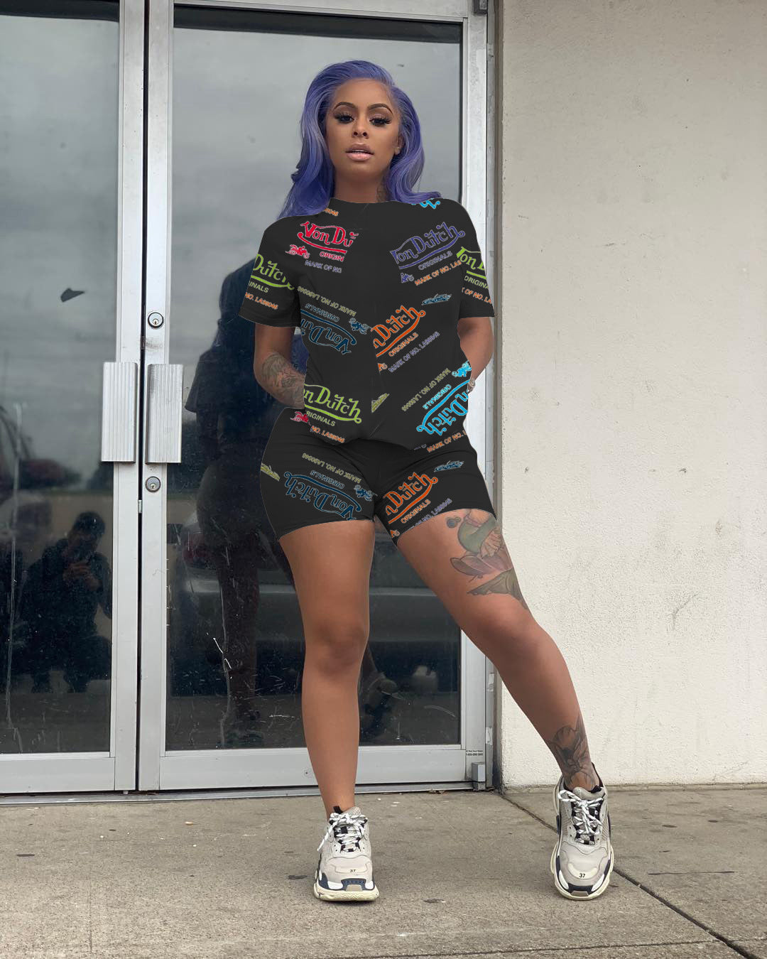 Women Sexy Letter Print Round Neck Short Sleeve Top and Shorts Two Piece Set 3