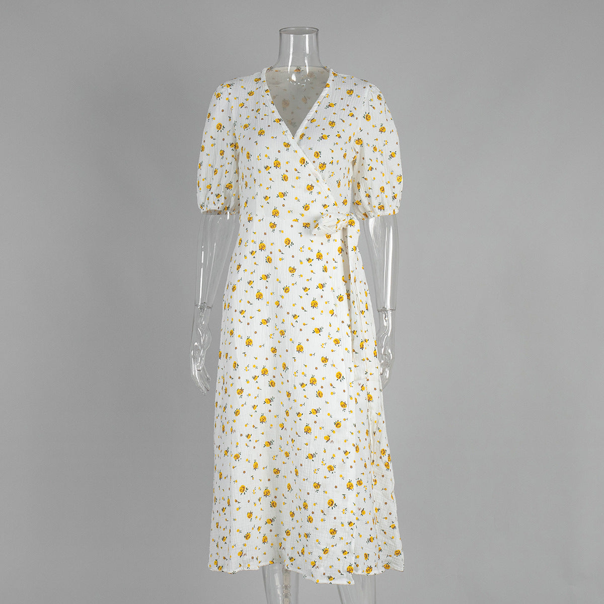 Cotton Floral Print Summer Lace-Up Bubble Sleeve Maxi Dress 6