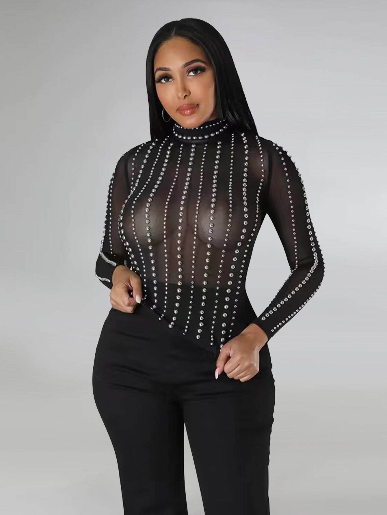 Black Transparent Mesh  Long-Sleeved Top Pants Sexy Nightclub Two-Piece Set 3