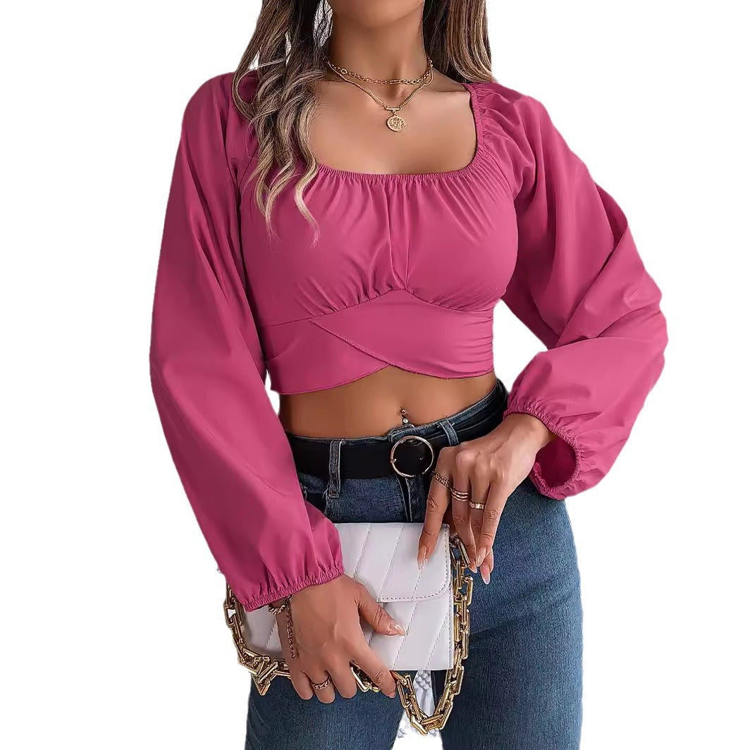 Spring/Summer Casual Lantern Sleeve Tie Slim Waist Chiffon Crop Top Women's Clothing 10