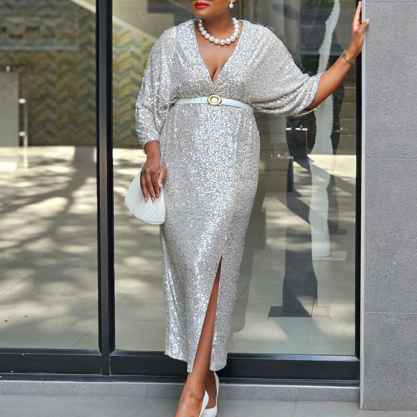 Fashion African Women's Chic V Neck Sexy Slim Sequin Plus Size Evening Dress 9