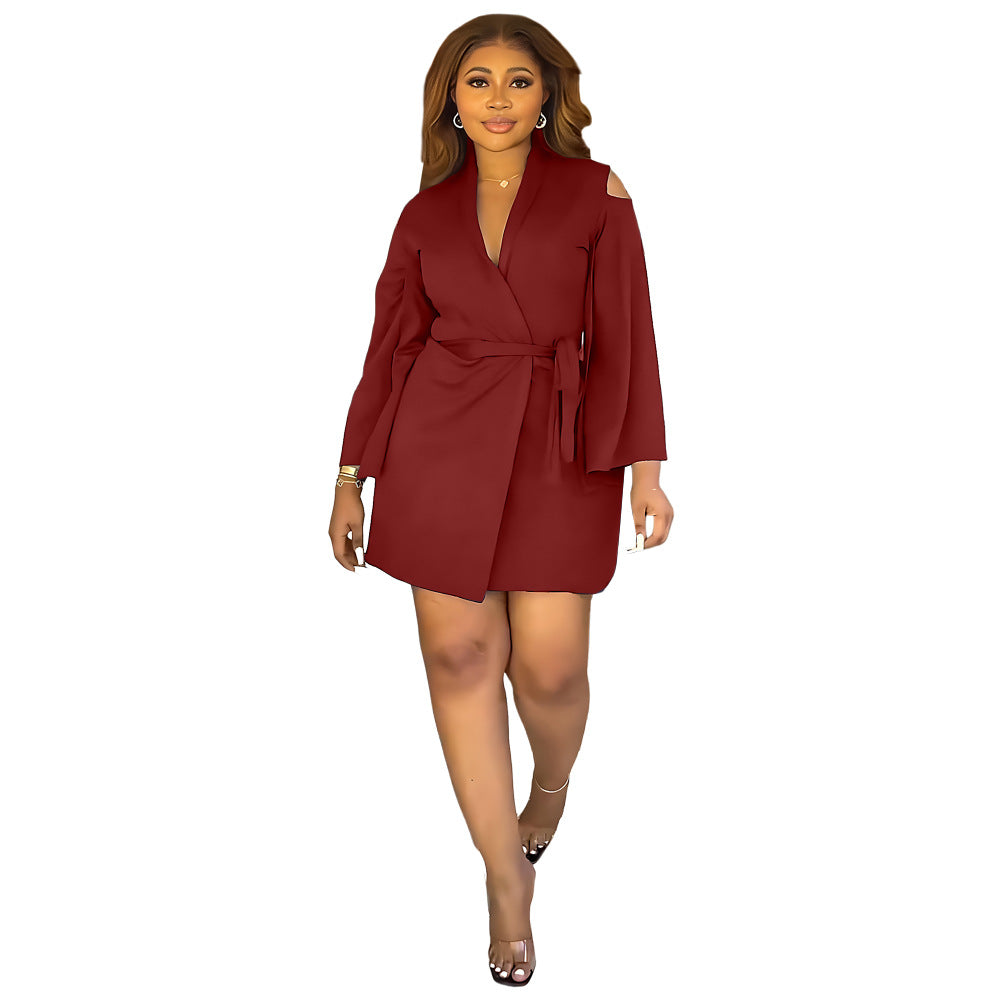 Women long sleeve cardigan lace up suit dress 11