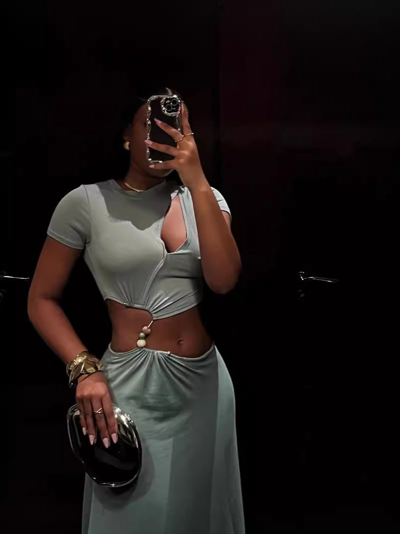 Women summer Cut Out beaded short sleeve Crop Top and Long Skirt two-piece set 6