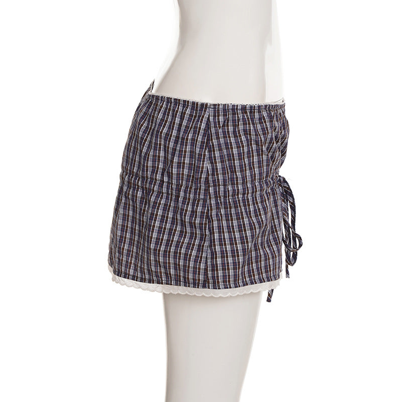 Women's Plaid Lace Trim Elastic Tie-Waist Trendy Woven Short Shirt Set 18