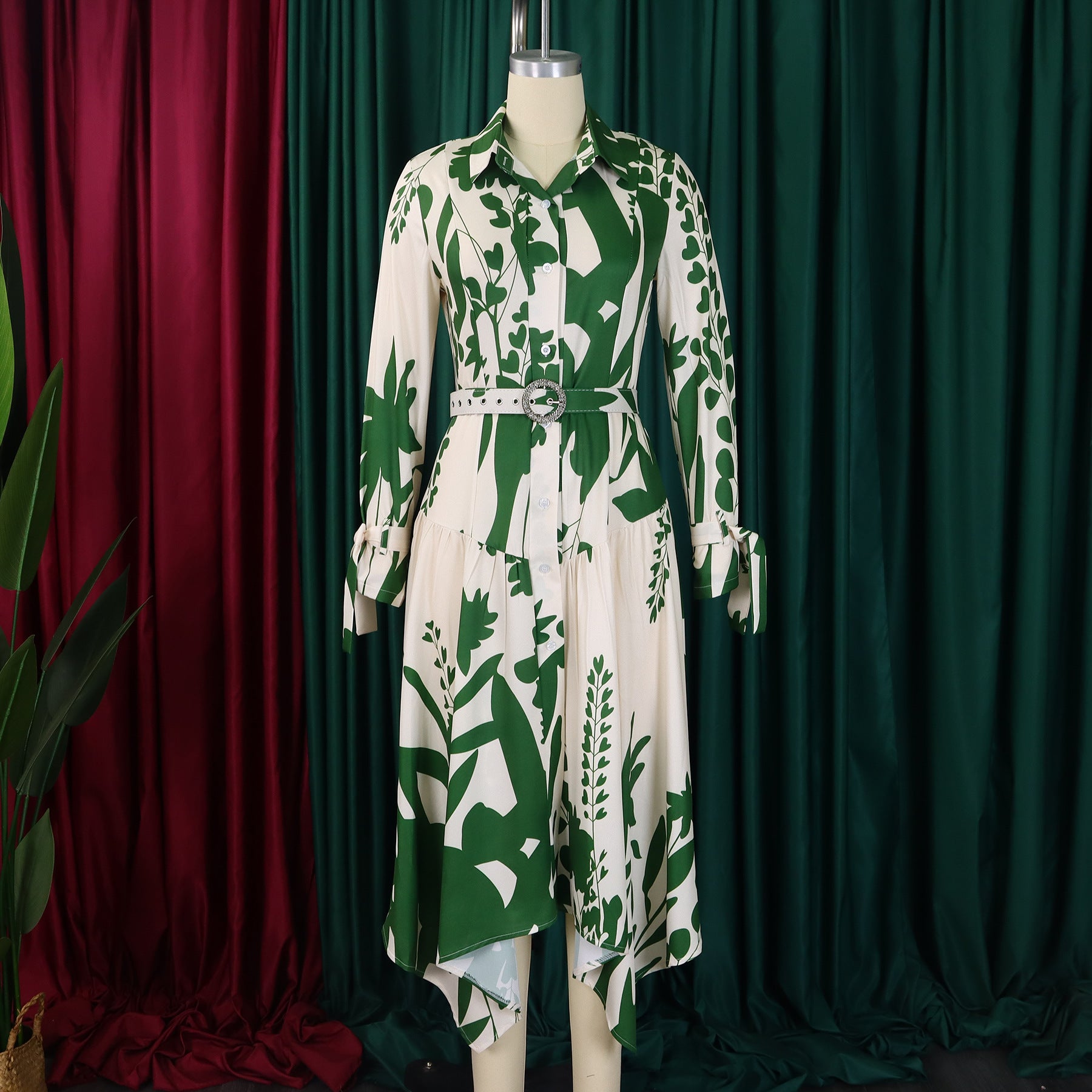 Women's Fashion Chic Print Turndown Collar Long Sleeve Belt Irregular Print Dress 21