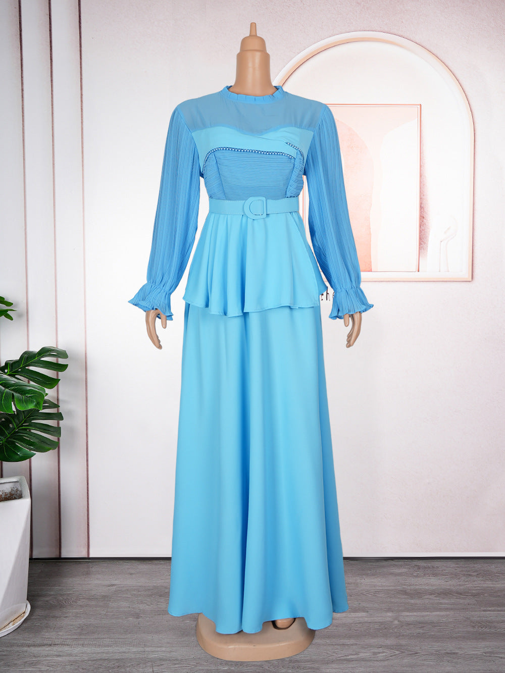 Plus Size African Women ruffle patchwork pleated long-sleeved dress 8