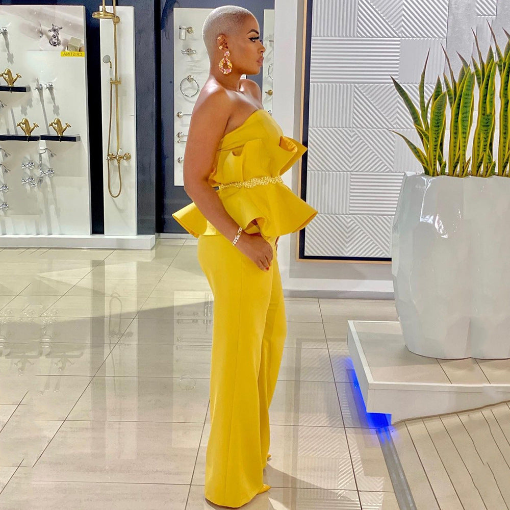 Women Solid Strapless Elegant Ruffle Top+ Wide Leg Pants Style Two Piece 4
