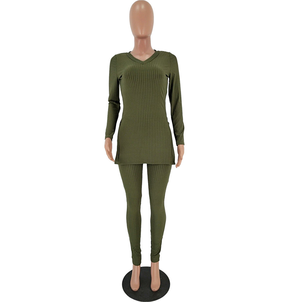 Women slit Ribbed sexy Top and Pant two-piece set 7