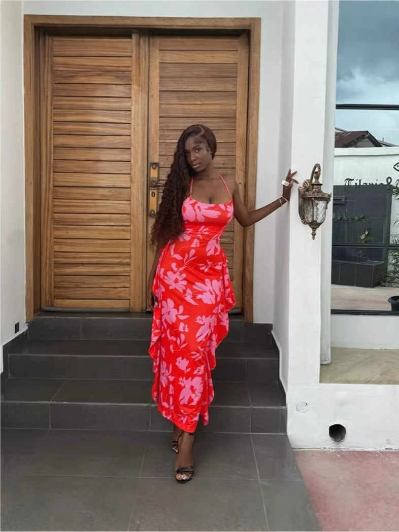 Women sexy suspender backless print dress 5