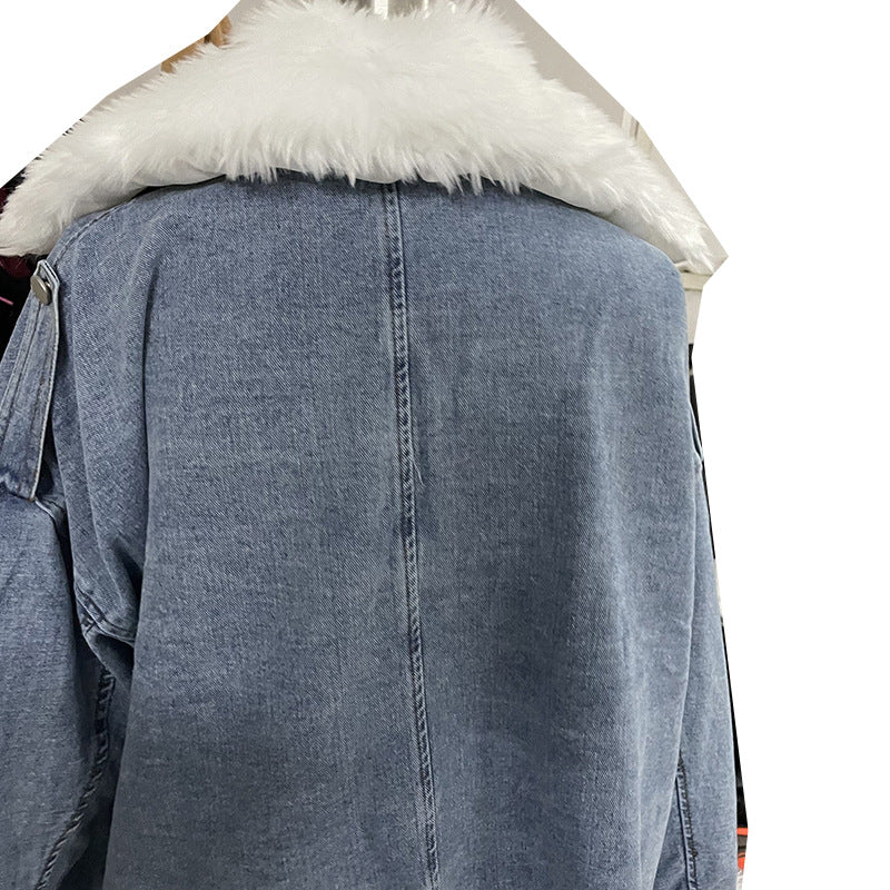 Women Winter Loose Fur Collar Turndown Collar Denim Jacket 5