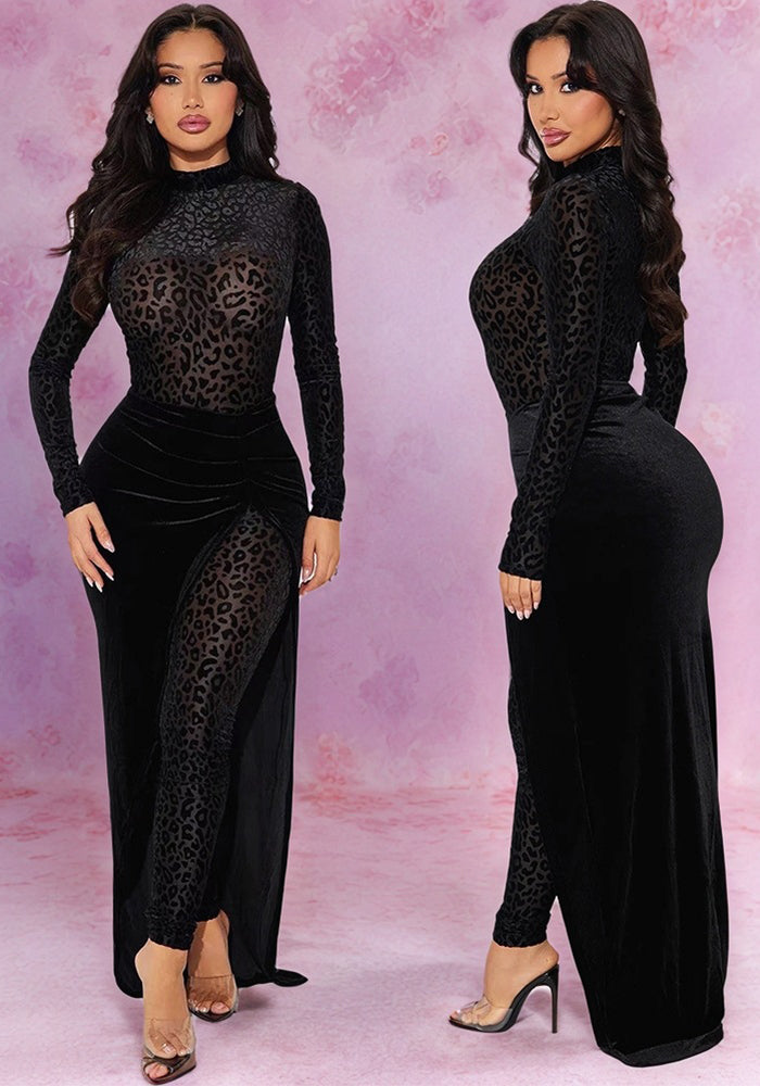Women Leopard Print Velvet Sexy See-Through Jumpsuit and Skirt Two Piece Set