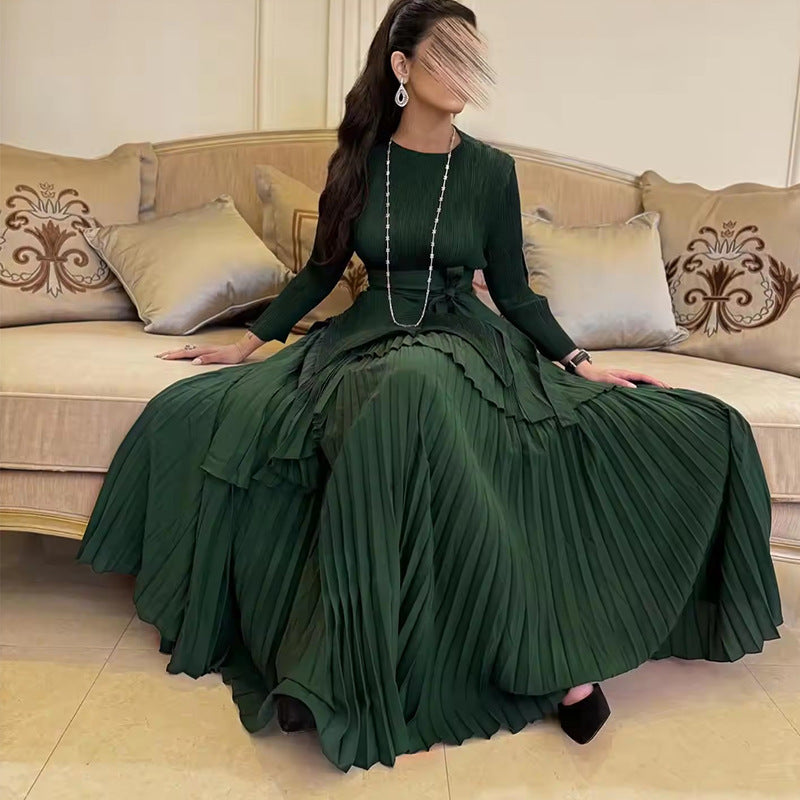 Women Solid irregular lace pleated Top and Skirt two-piece set 3