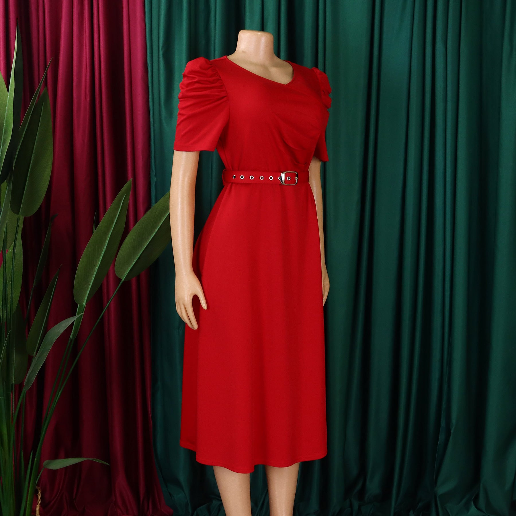 Women's Fashion Pleated Chic Elegant V-neck A-line African Dress 7