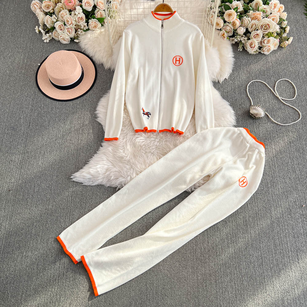 Women Autumn and Winter Zipper Embroidery Long Sleeve Knitting Top and Long Pants Two-piece Set 4
