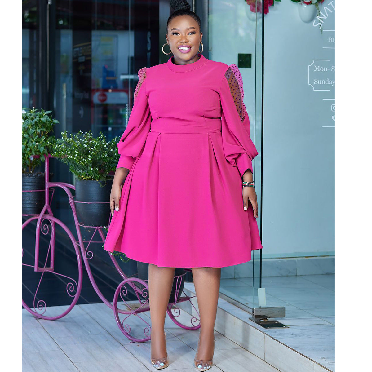 Autumn Polka Dot Mesh See-Through Lantern Sleeve Slim Waist Plus Size Dress 3