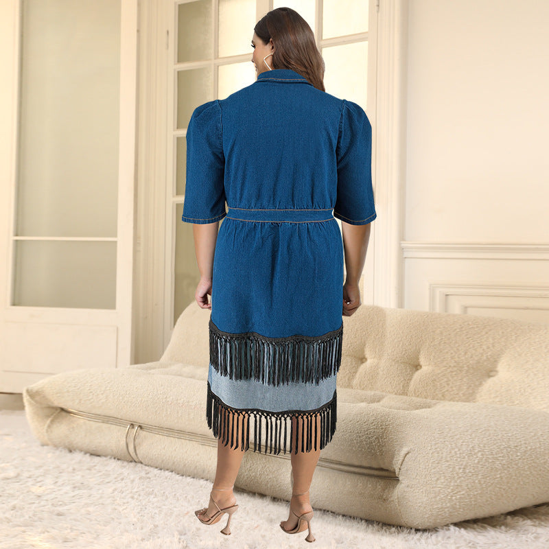 Plus Size Women Denim Turndown Collar Short Sleeve Tassel Dress 5