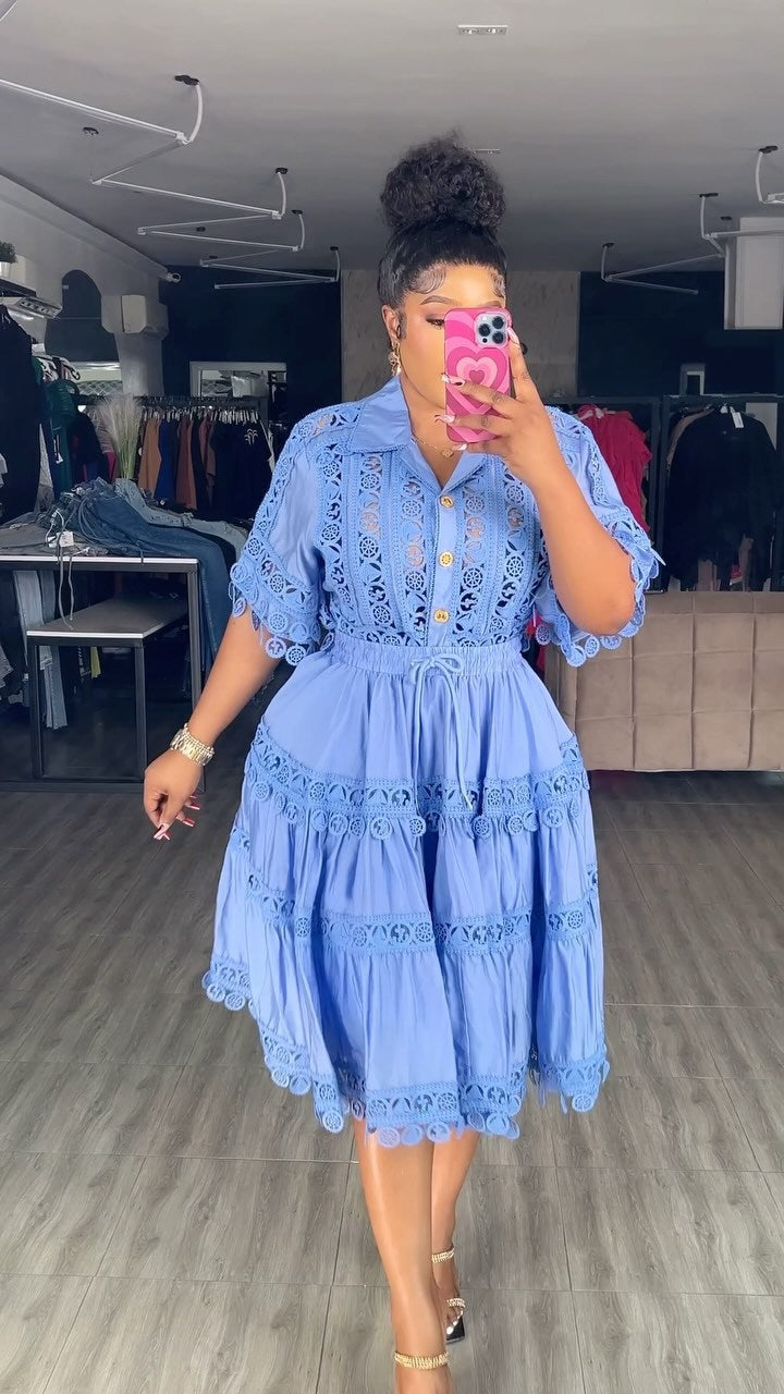 Women French Lace Hollow Crochet Flower Top Lace Patchwork Skirt Two Piece 6