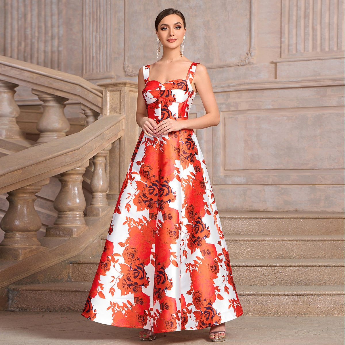 Women red square neck printed dinner dress 3