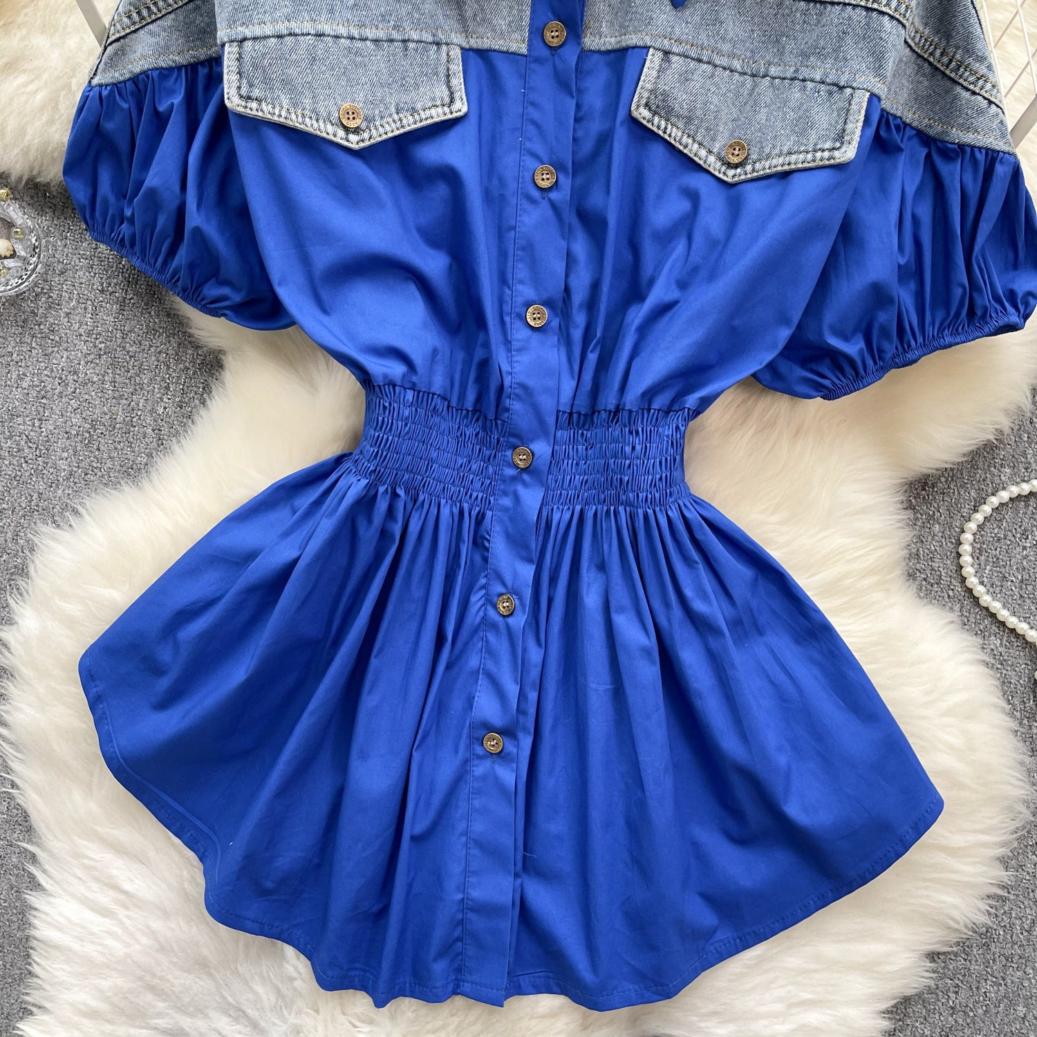 Women Contrast Patchwork Puff Sleeve Stretch Shirt 31