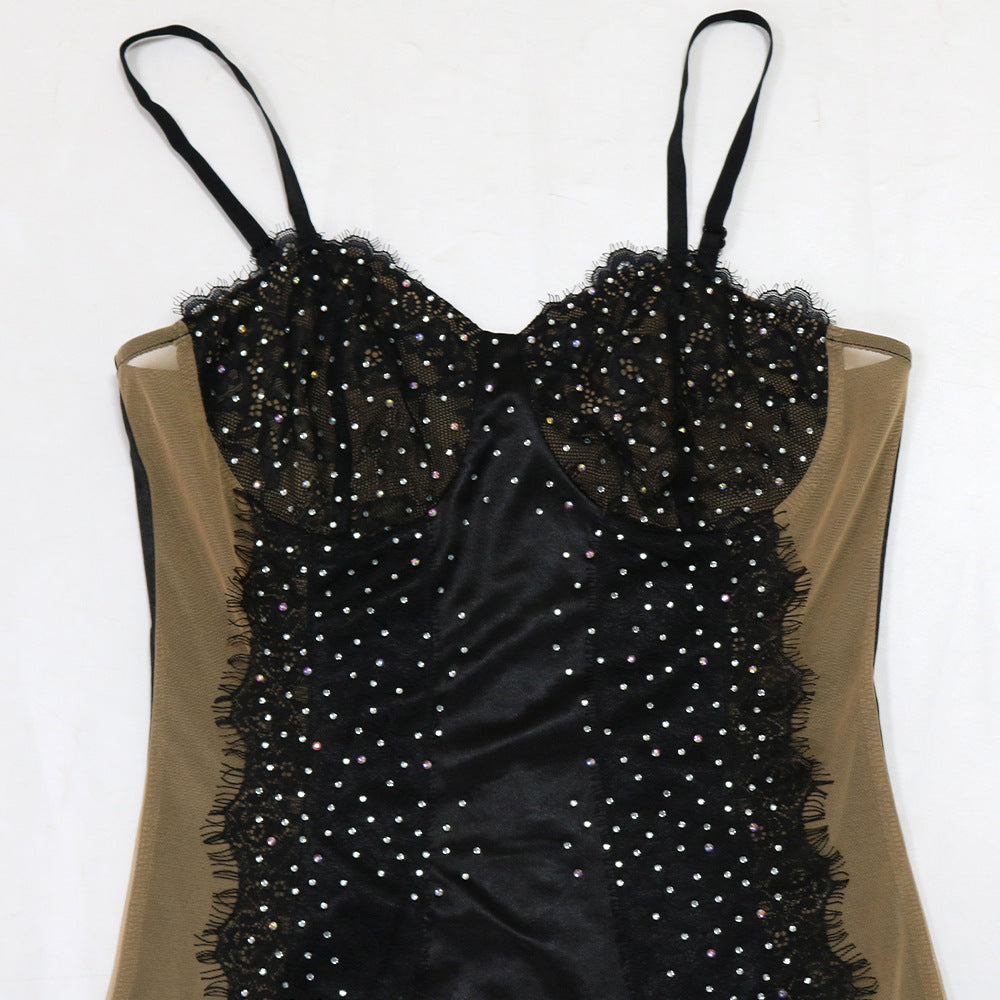 Sexy Solid Color Beaded Strap Irregular Party Dress Women Slit Long Gown 21