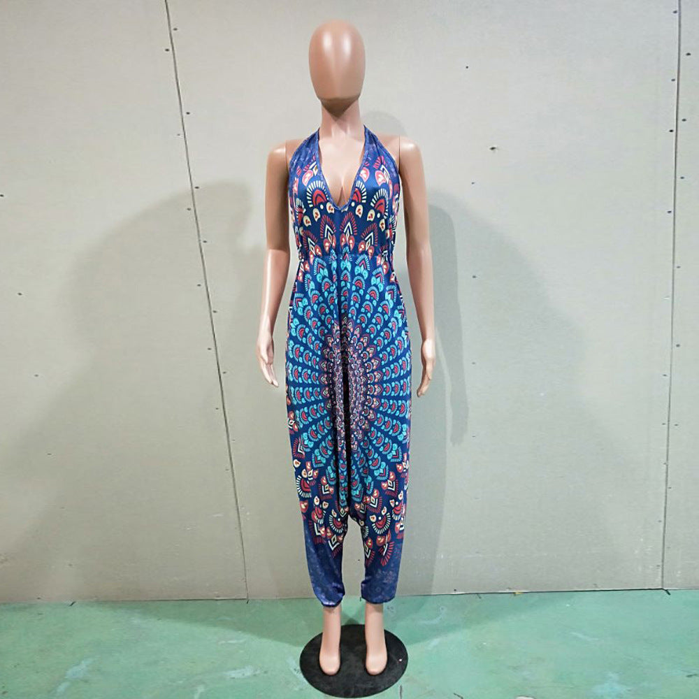 Women Clothing Style Positioning Print Sleeveless Backless Lace-Up Halter Low Profile Loose Jumpsuit 13