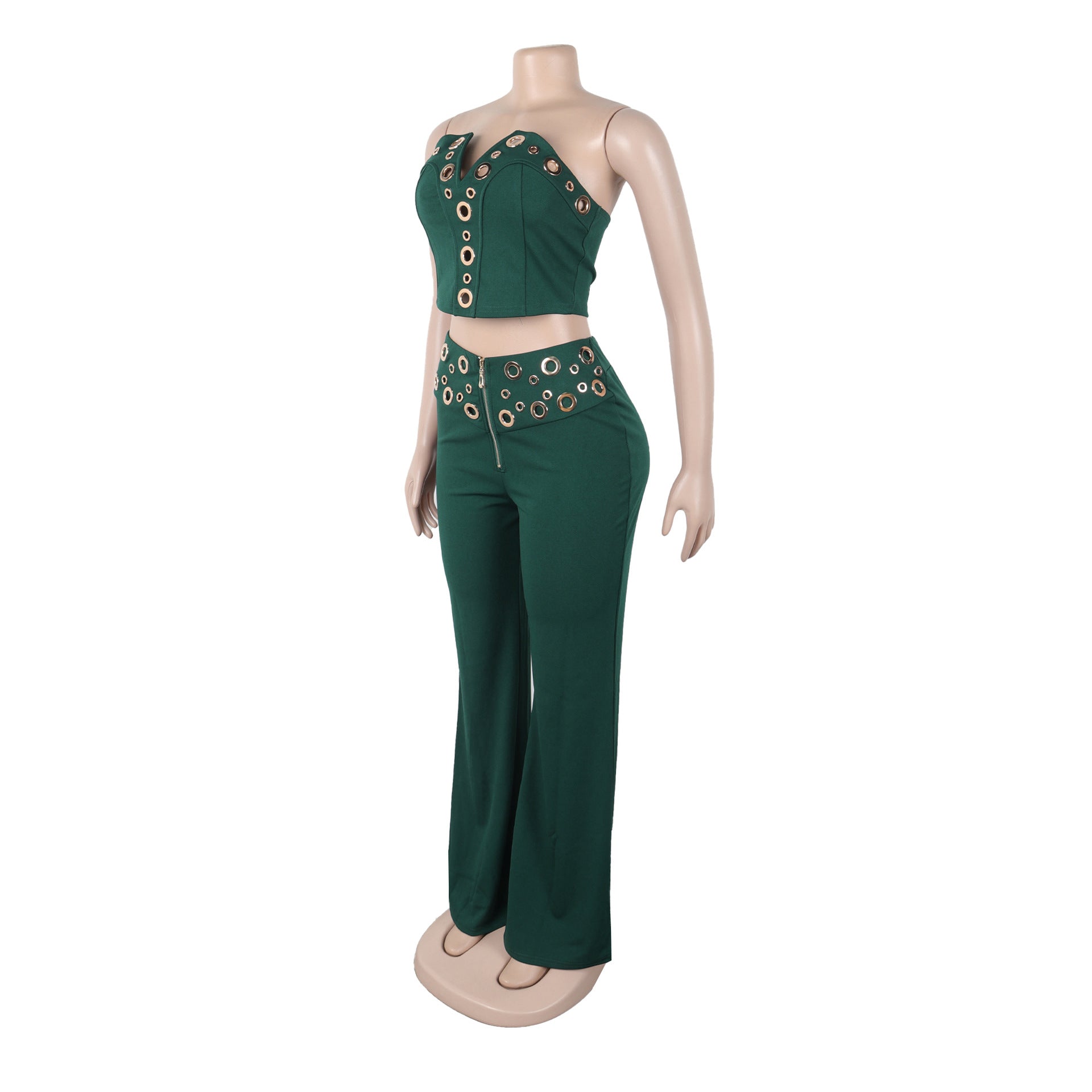 Women elegant elastic metal buckle decorated V-neck Top and Pants two-piece set 10