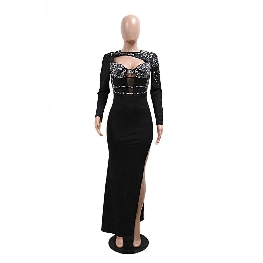 Women Round Neck Long Sleeve Beaded Hollow High Slit Dress 10