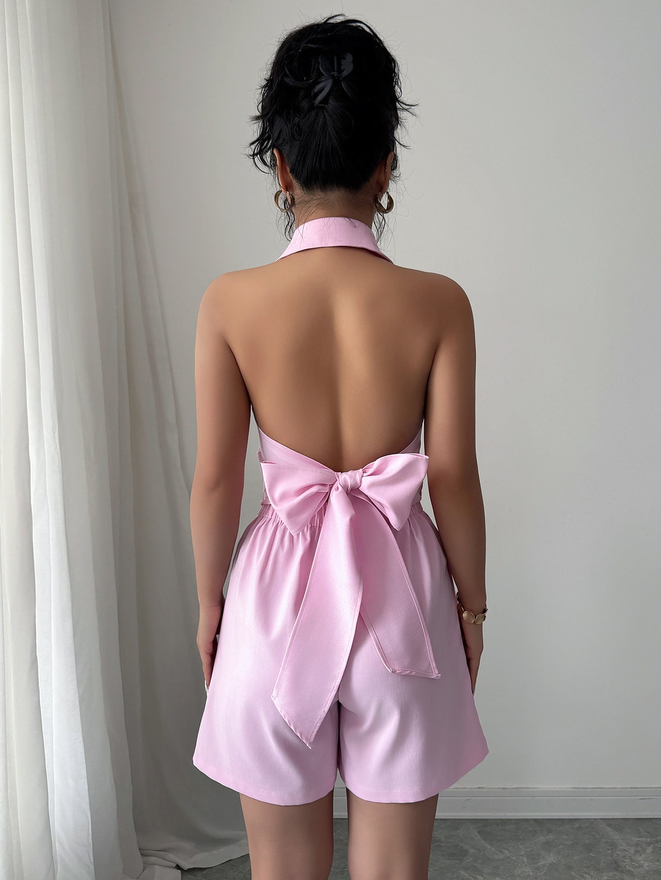 Women Elegant Button Solid Top and Shorts Two-piece Set 3