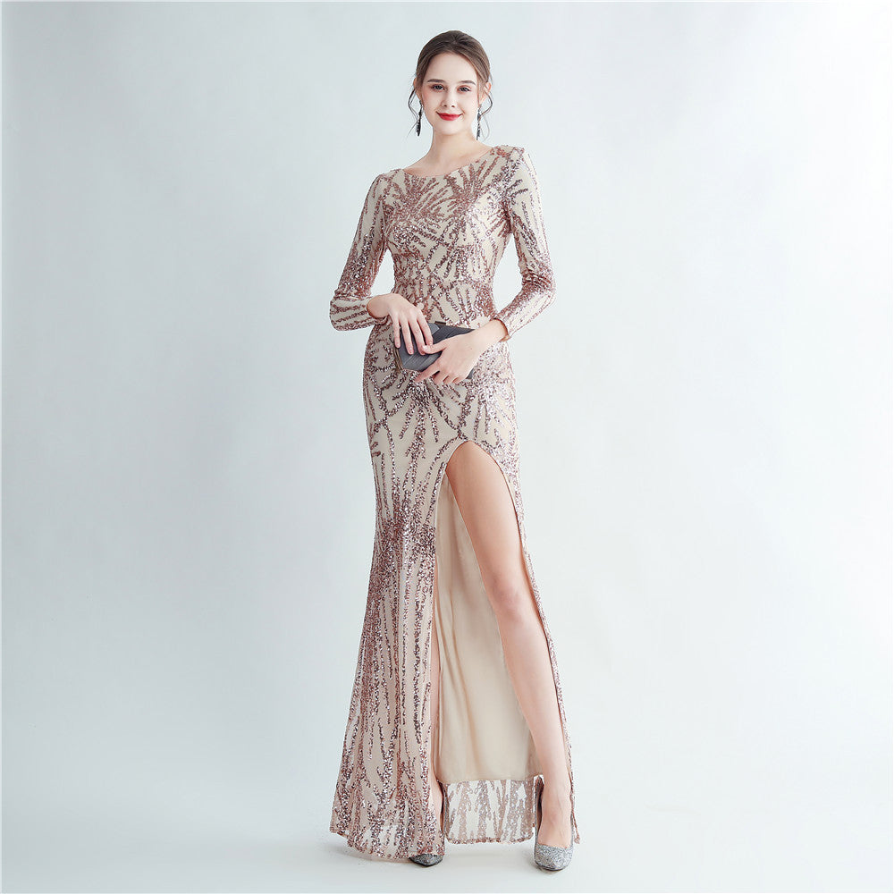 Women Sequin Long Sleeve Slit Evening Dress 16