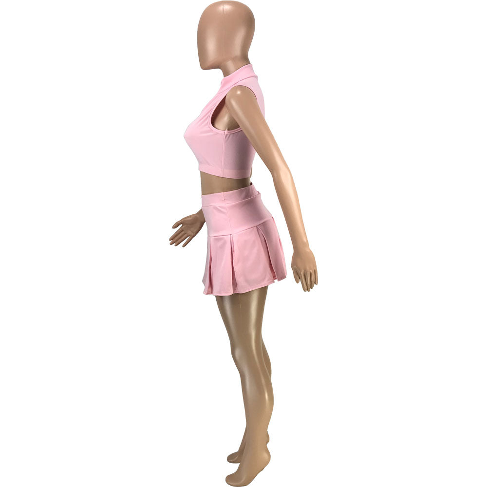 Solid Vest Pleated Skirt Sexy Casual Set 24