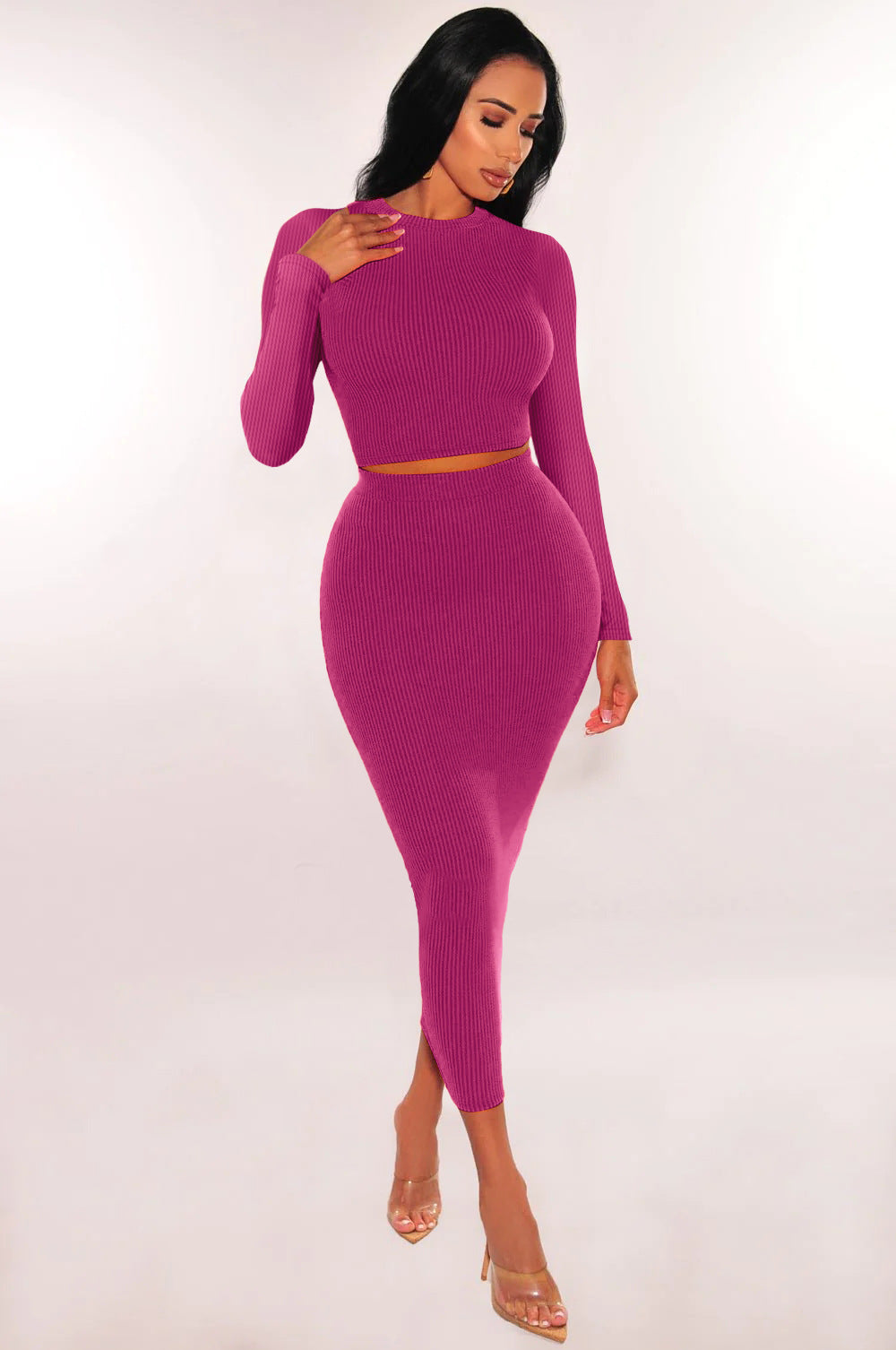 Women Long Sleeve Top and Bodycon Skirt Two Piece Set 13
